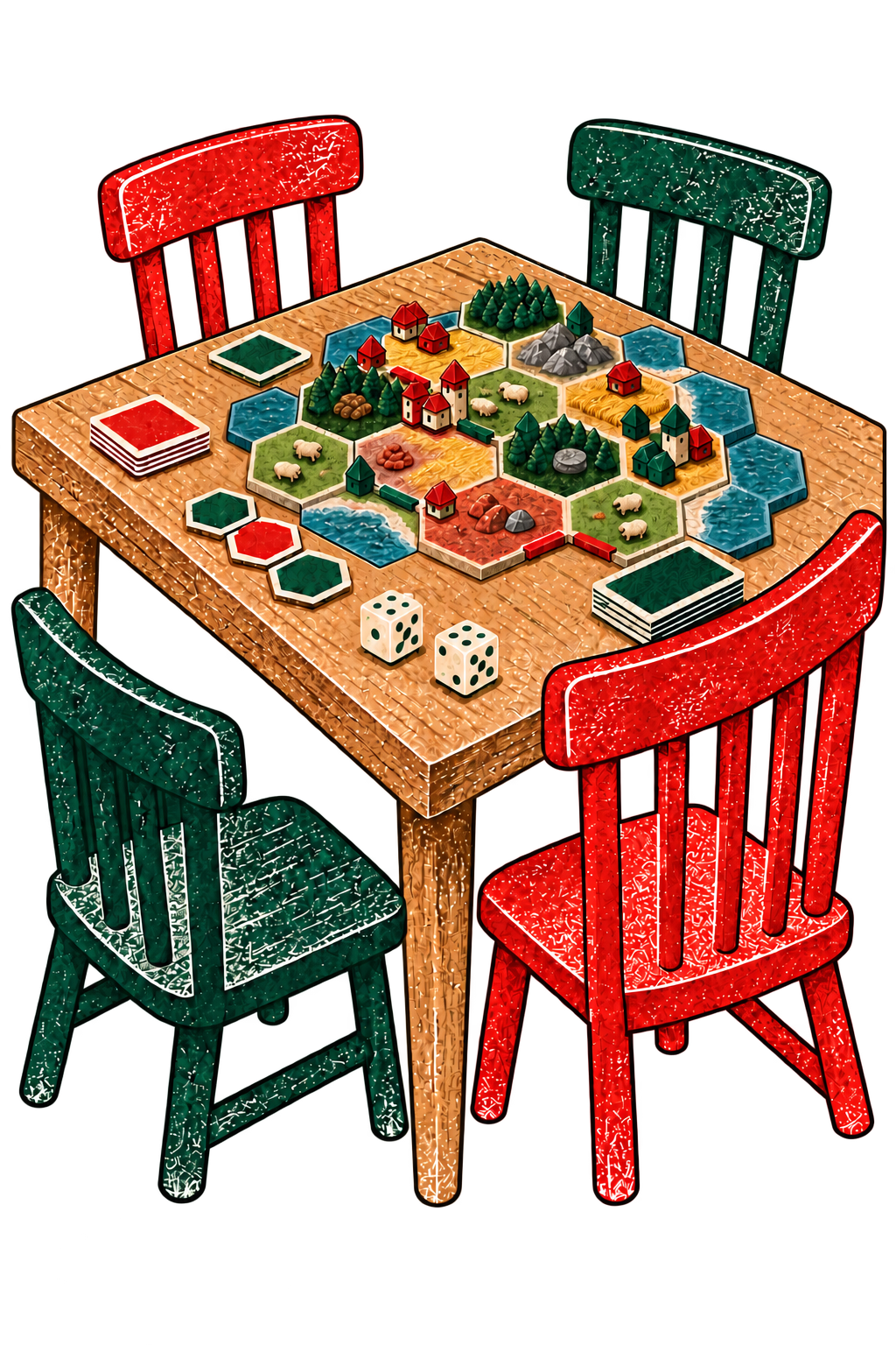 Illustration eines Brettspieltischs mit grünen und roten Stühlen
